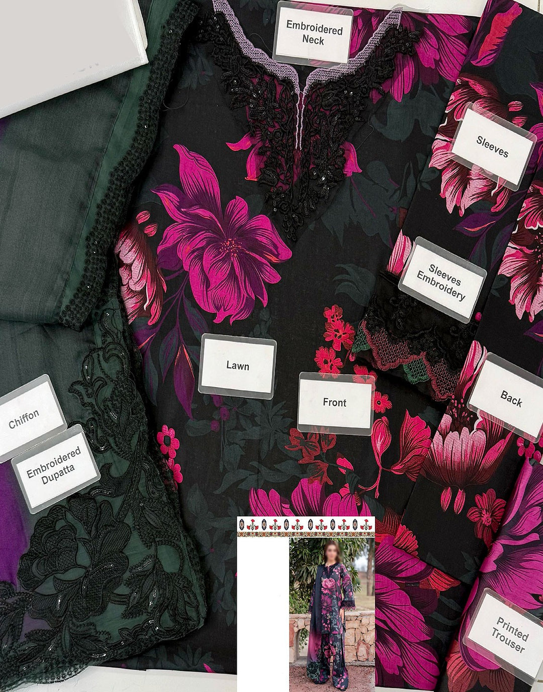 All-Over Print Embroidered Lawn Dress with Embroidered Chiffon Dupatta (Apna libaas)